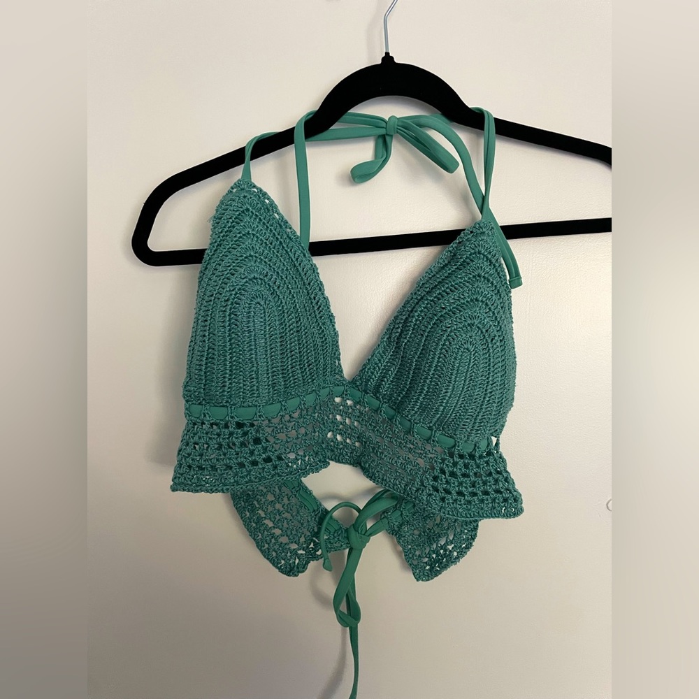 Lined Knit Crotchet Longline Teal Dark Aquamarine Bikini Swim Halter Top NWOT
